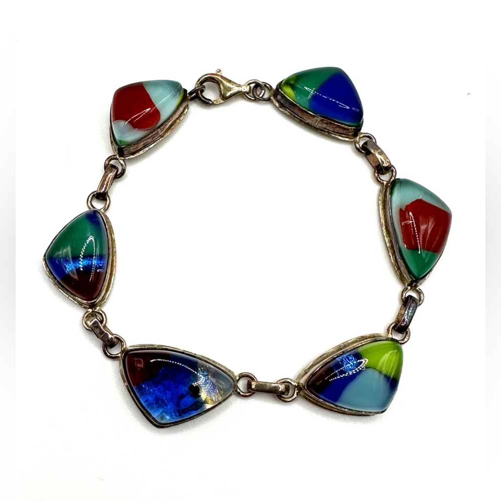 Sterling Silver 925 Dichroic Art Glass Bracelet – Iridescent Modern Statement